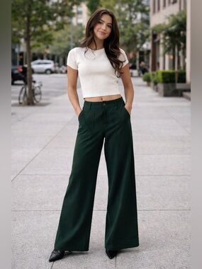 Jones & Co Dark Green Wide Leg Pants Size 8 High Rise Tailored Trousers